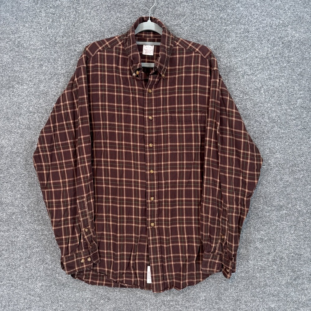 Brooks Brothers Button Down Mens Large Brown Plaid Flannel Cotton Wool Blend